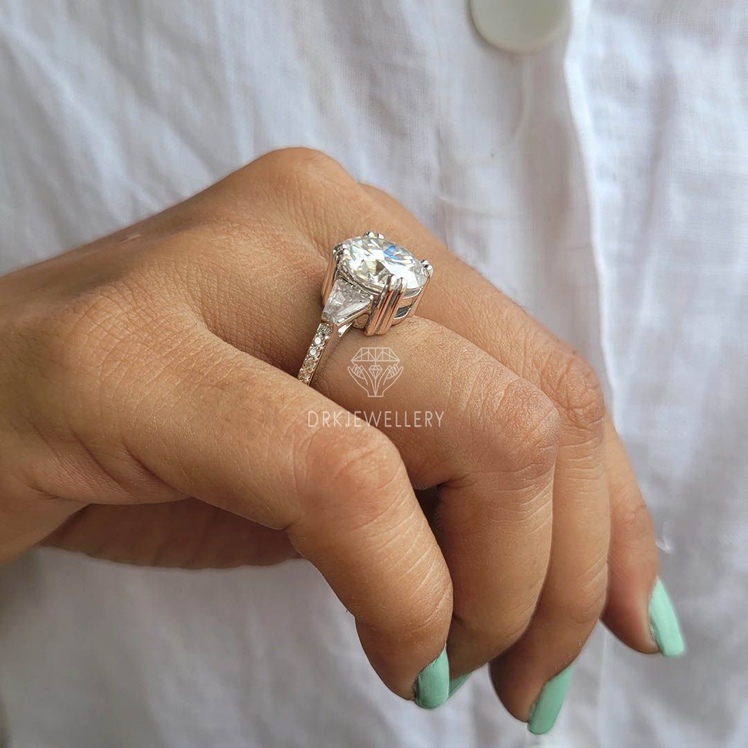 Round cut lab grown diamond ring-round cut ring-three stone ring-baguette cut ring-white gold ring-anniversary gifts