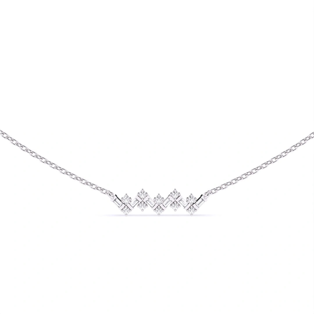 zigzag style rounf and bahuette cut lab grown diamond pendant wit 14k rose gold chain