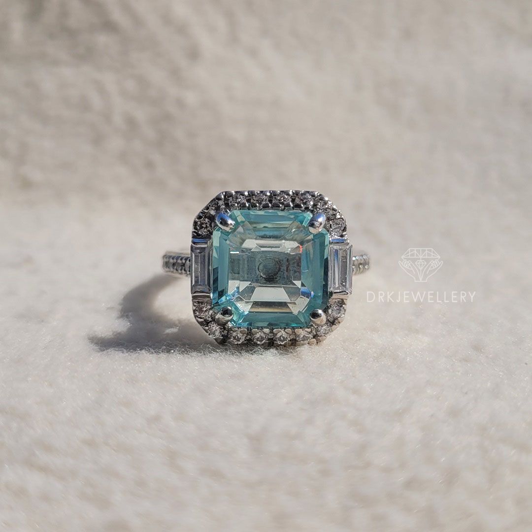 square emerald cut ring, aquamarine ring, pave set ring, halo ring, white gold  ring, baguette diamond ring, personalised gifts