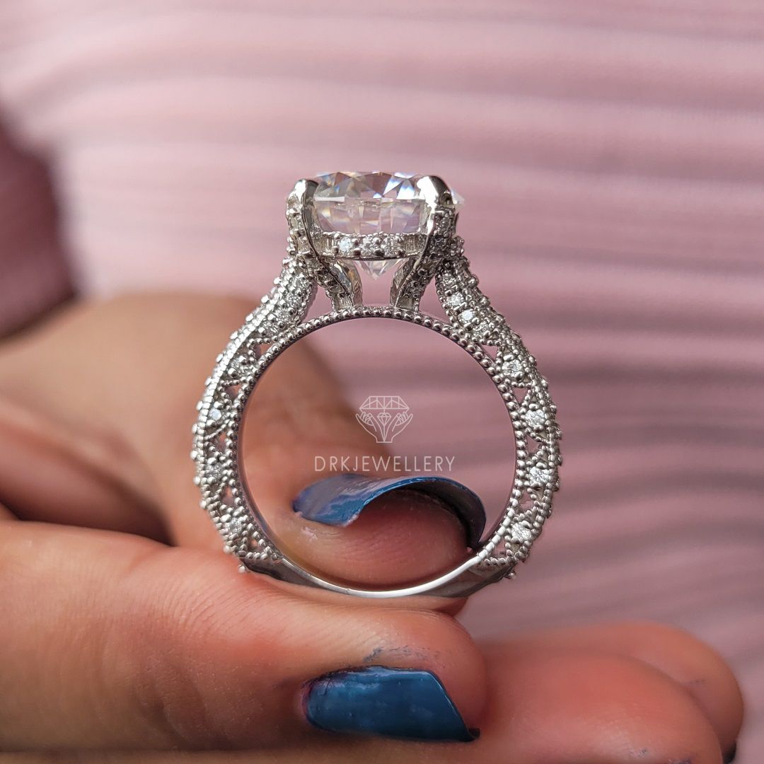 vintage ring-vintage inspired-milgrain setting ring-pave set ring-round cut ring-lab grown diamond ring-hidden halo style-prong pave set ring-bespoken ring