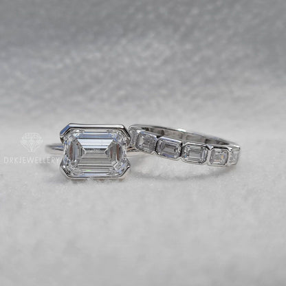 East West Emerald cut Moissanite Bridal Ring Set