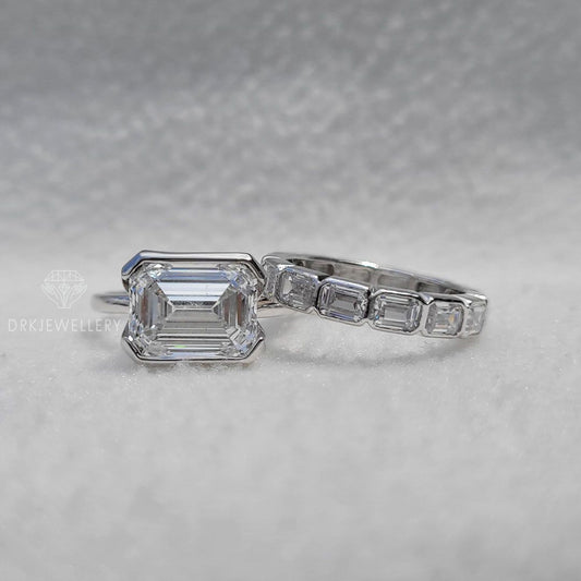 East West Emerald cut Moissanite Bridal Ring Set
