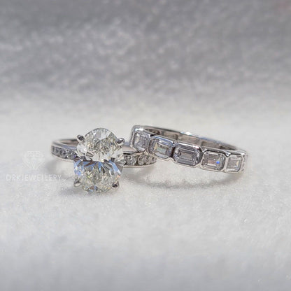 Oval Cut Moissanite Ring With Bezel East West Set Emerald Cut Bridal Set