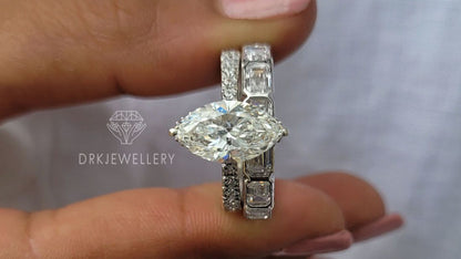 Marquise Cut Moisanite Hidden Halo Ring With East West Emerald Cut Band