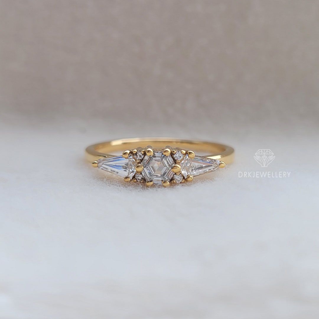 hexagon and kite cut lab grown diamond three stone Solitaire 14k Gold Yellow gold engagement ring