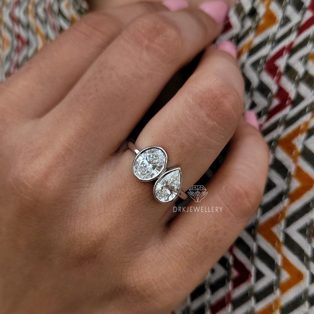 oval & pear cut ring, bezel set ring, two stone ring,twin diamond ring,white gold ring,twin diamond ring