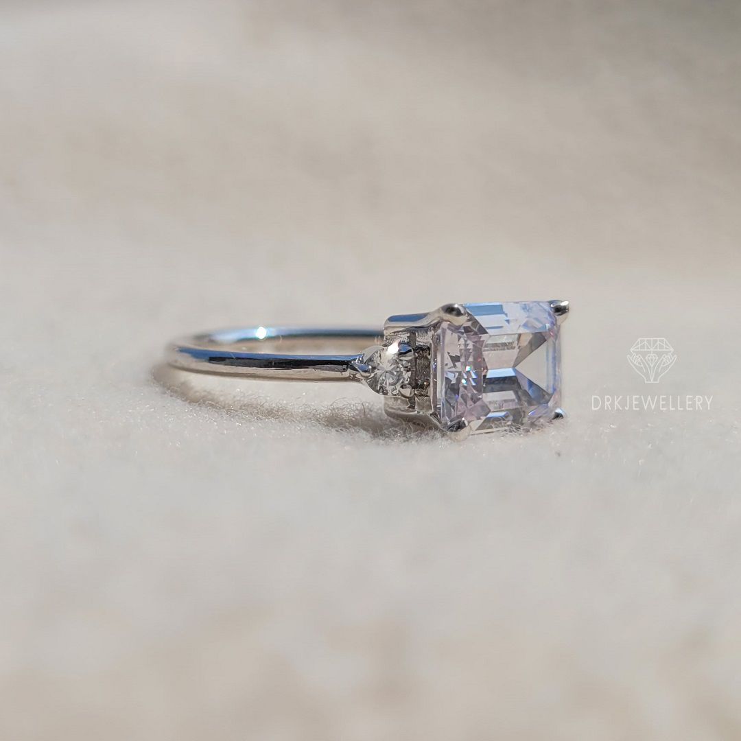 east west emerald cut lab grown diamond ring-emerald  cut ring-modern east west setting-three stone style ring-white gold ring-solitaire ring-moissanite ring-diamond ring