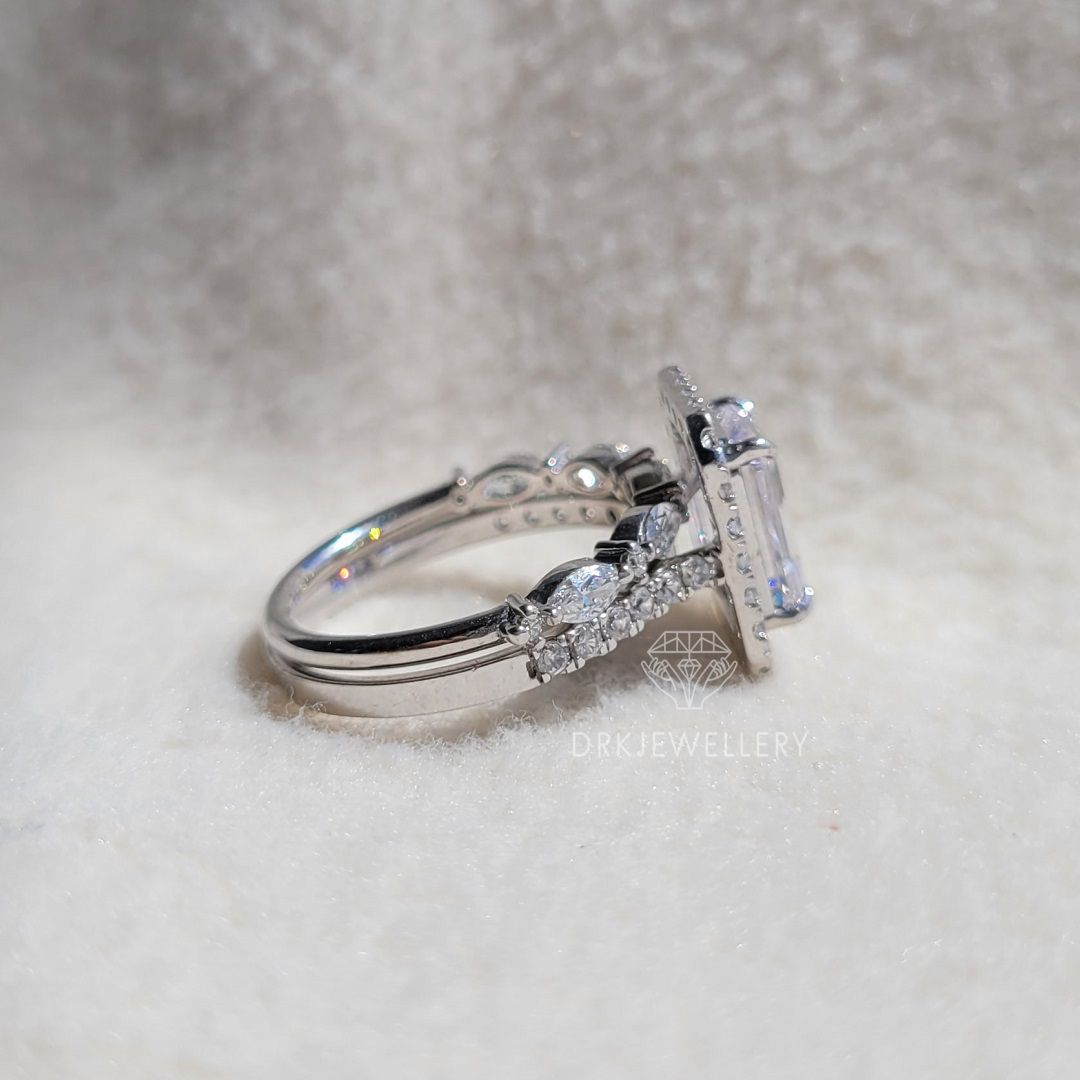 Emerald Cut Moissanite Halo RIng With Pave Set Eternity Band