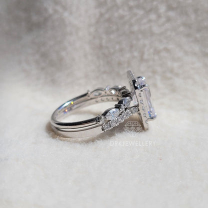 Emerald Cut Moissanite Halo RIng With Pave Set Eternity Band