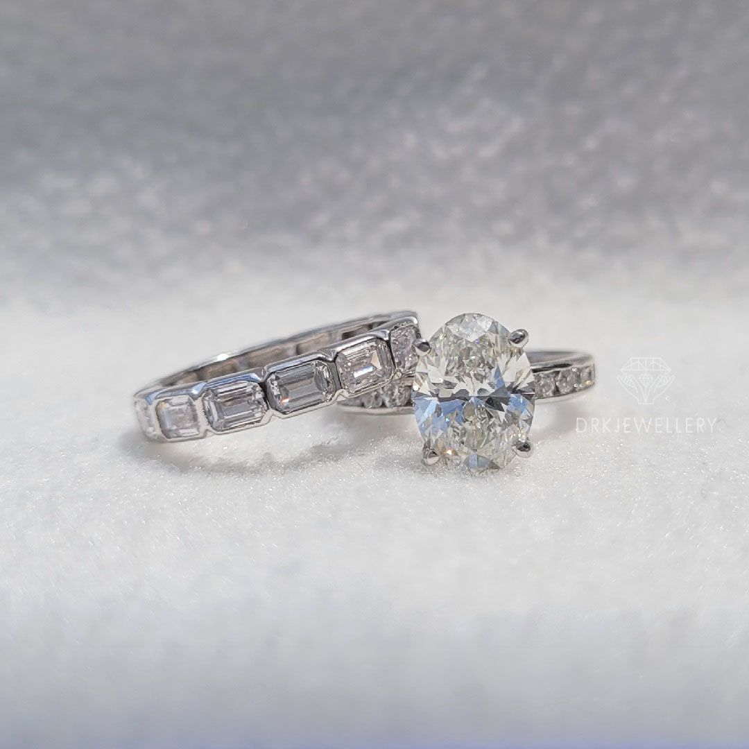 Oval Cut Moissanite Ring With Bezel East West Set Emerald Cut Bridal Set