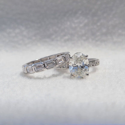 Oval Cut Moissanite Ring With Bezel East West Set Emerald Cut Bridal Set