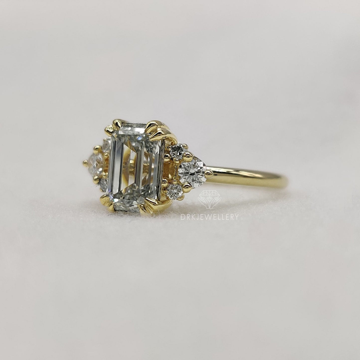 emerald cut ring, lab grown diamond ring, cluster ring, yellow gold ring, solitaire ring, gifts for her