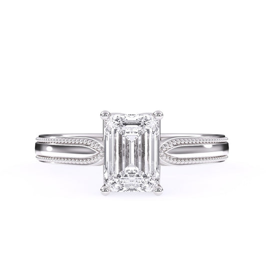 emerald cut ring, milgrain setting ring, pinched band style ring, white gold ring, moissanite ring, lab grown diamond ring, gold diamond ring