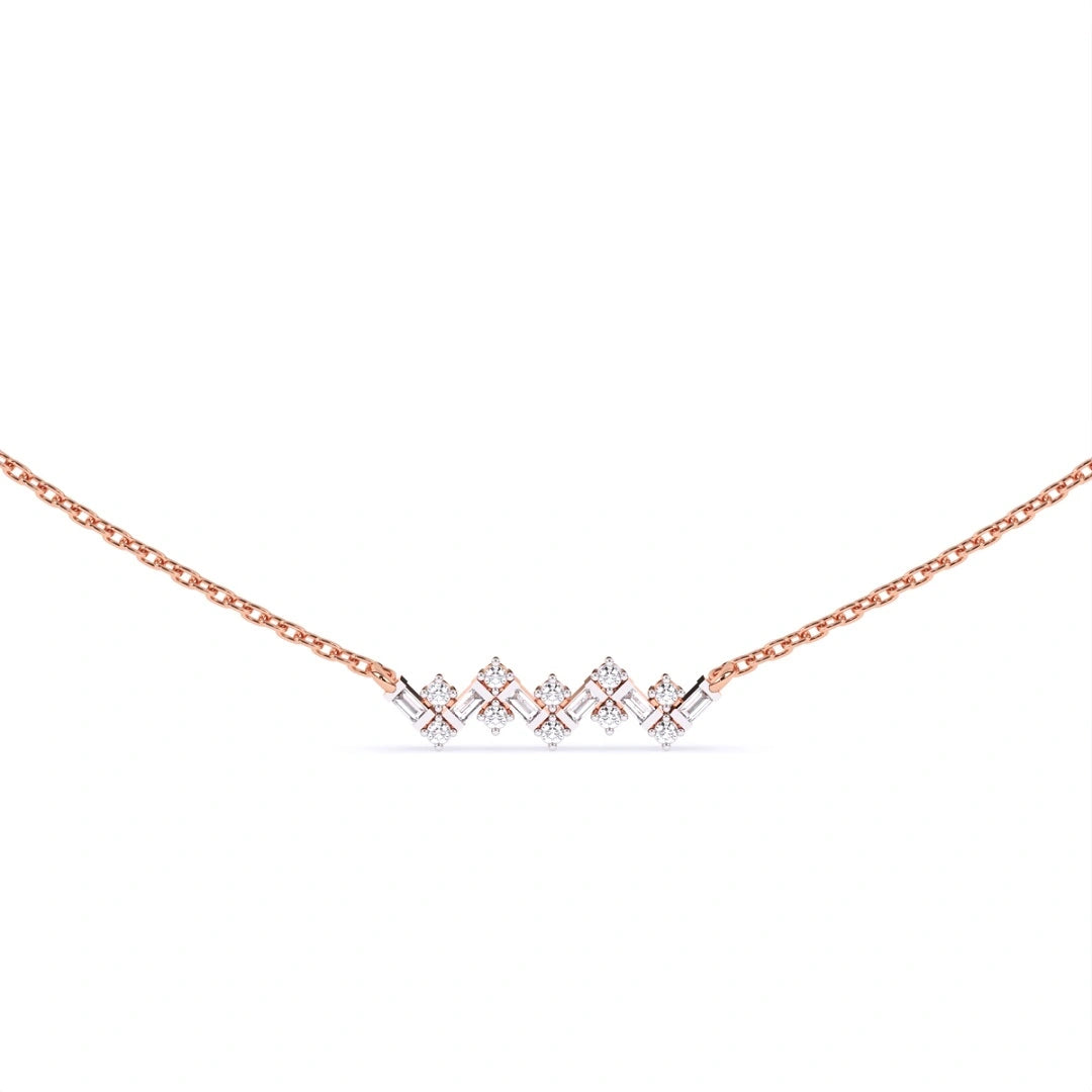 zigzag style rounf and bahuette cut lab grown diamond pendant wit 14k rose gold chain