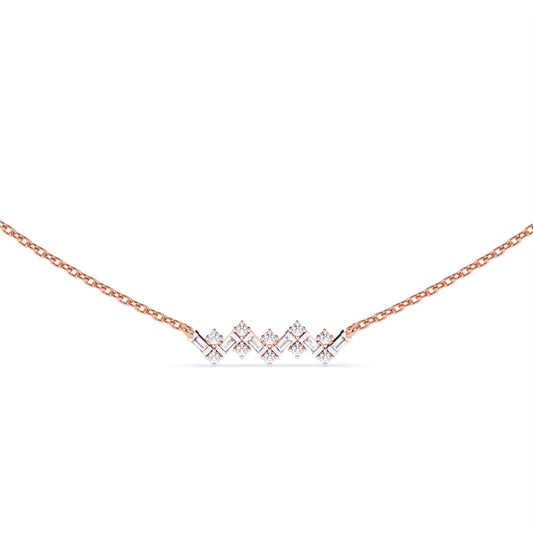 zigzag style rounf and bahuette cut lab grown diamond pendant wit 14k rose gold chain