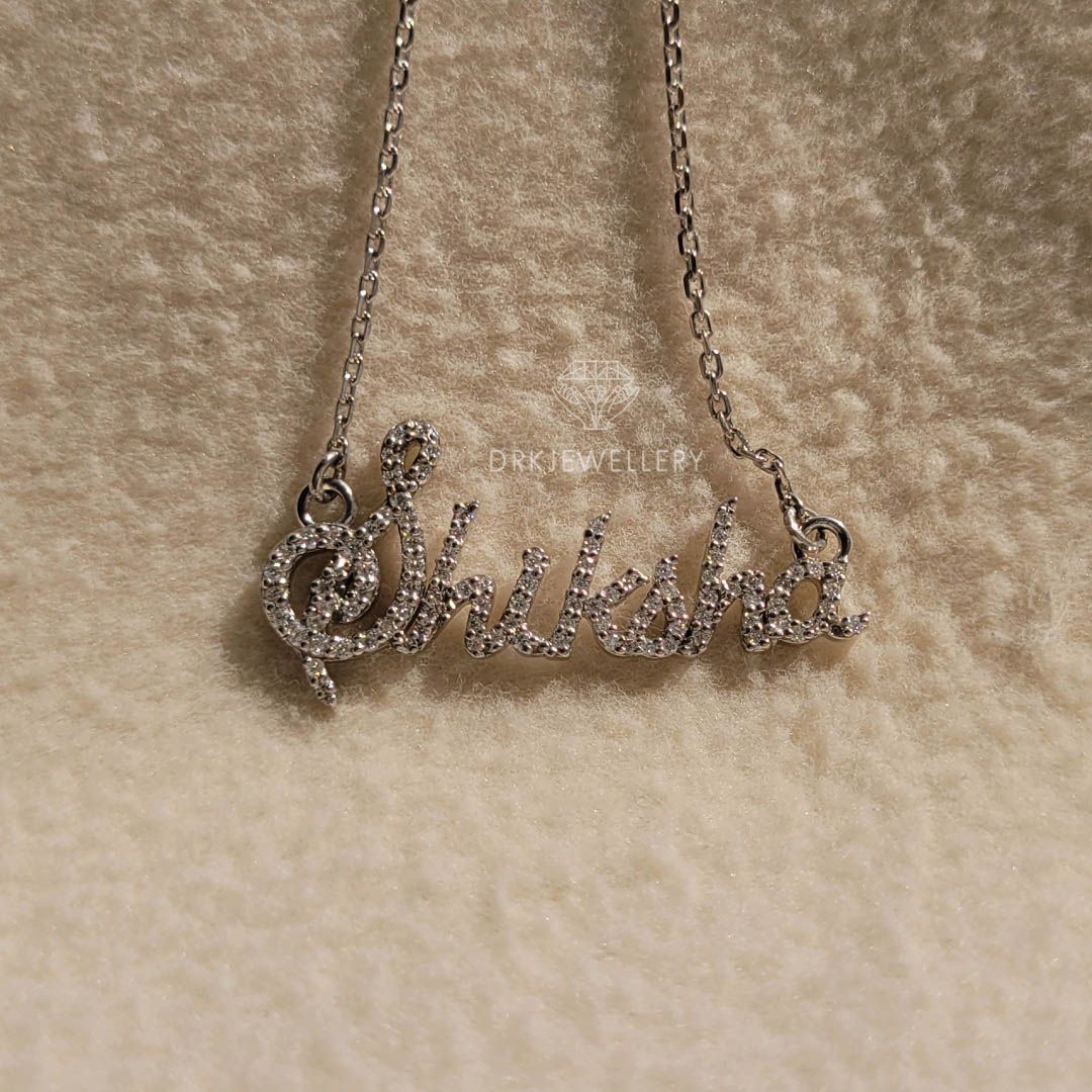 shiksha name pendant, round cut lab grown diamond pave setting wedding gold pendant with chain