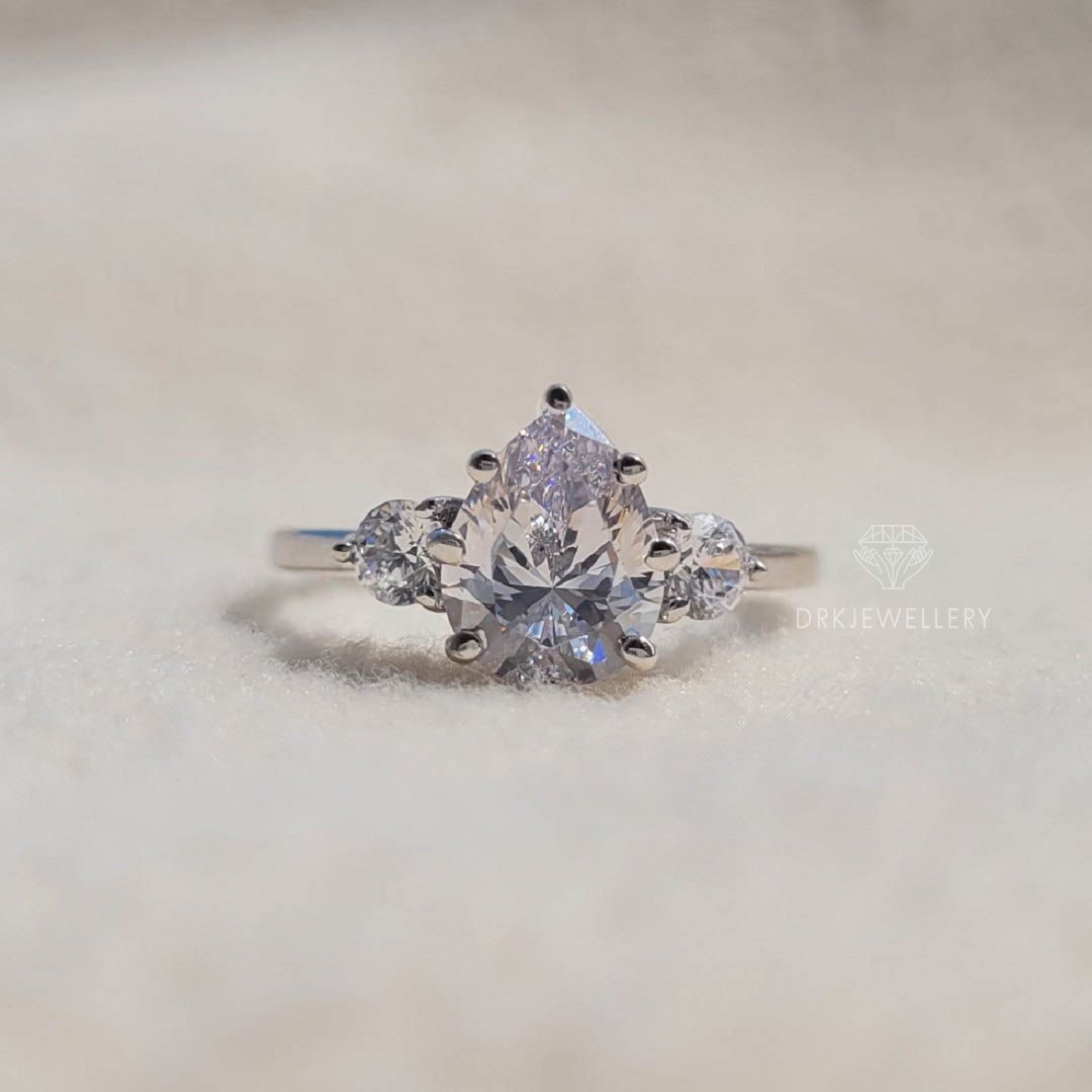 Pear Cut Ring-Three stone ring-solitaire ring-accent round cut ring-multi prong set ring-solitaire ring
