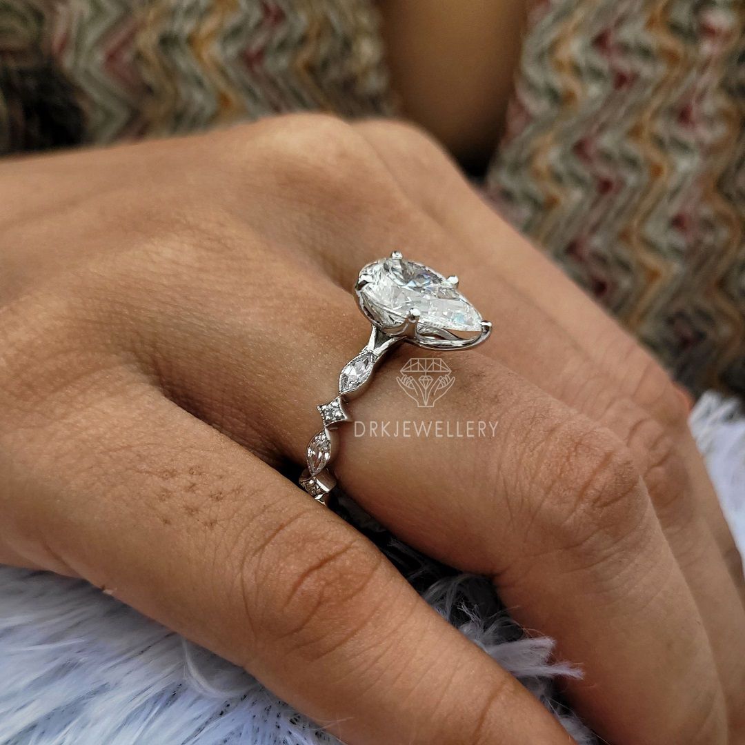 Pear cut ring,lab grown diamond,marquise cut ring,pave set ring,white gold band, 5 prong set ring,eternity band