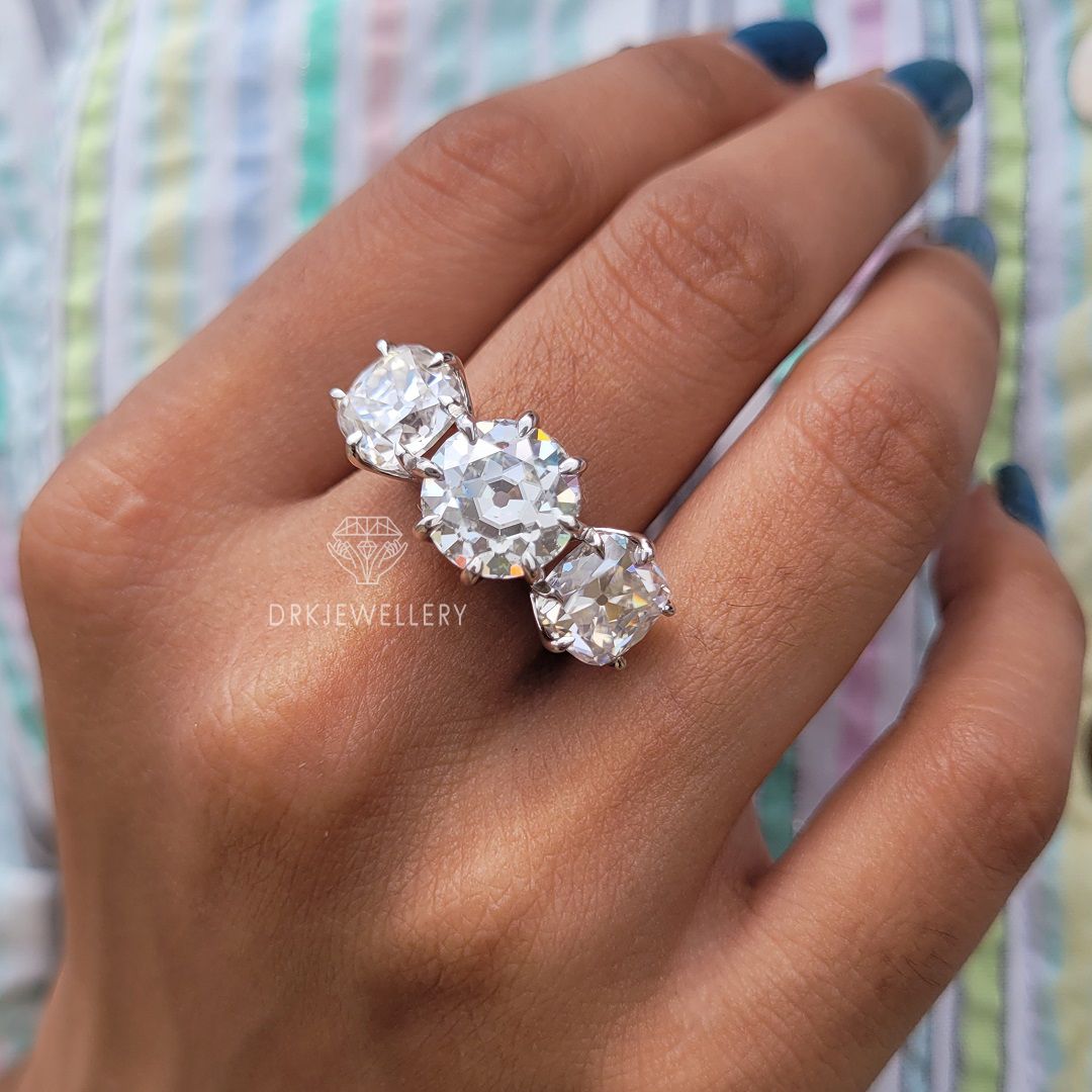 old european cut,three stone style ring,clove prong set ring,white gold ring