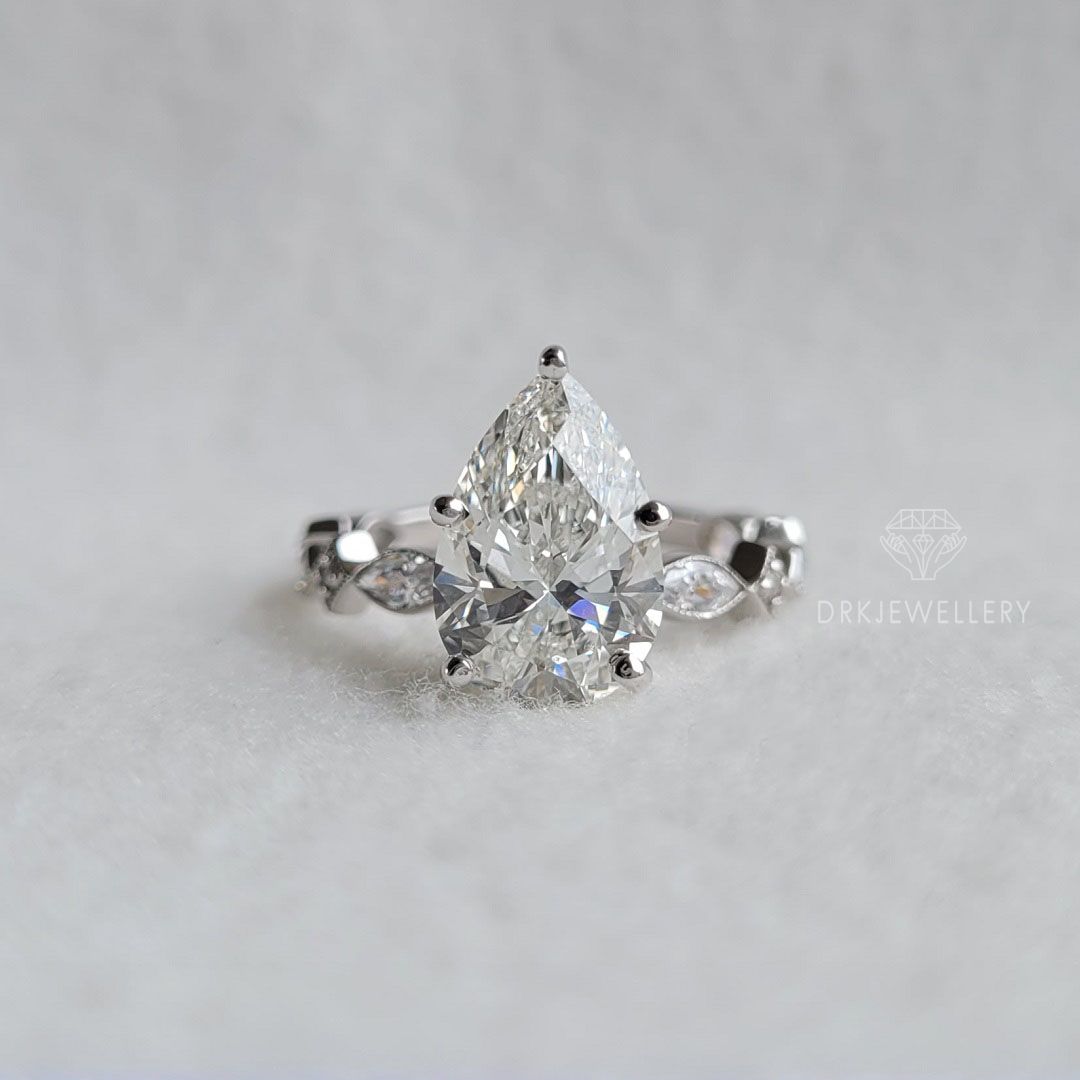 Pear cut ring,lab grown diamond,marquise cut ring,pave set ring,white gold band, 5 prong set ring,eternity band