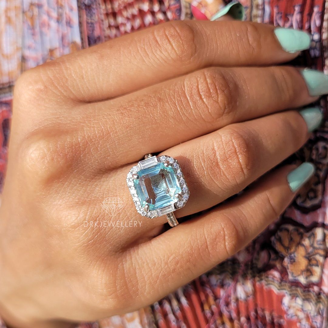square emerald cut ring, aquamarine ring, pave set ring, halo ring, white gold  ring, baguette diamond ring, personalised gifts