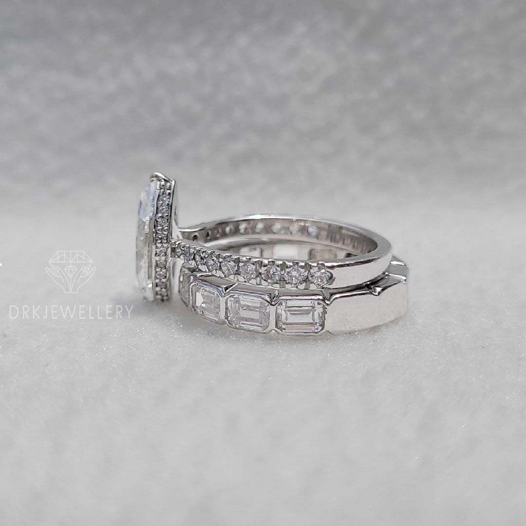Marquise Cut Moisanite Hidden Halo Ring With East West Emerald Cut Band
