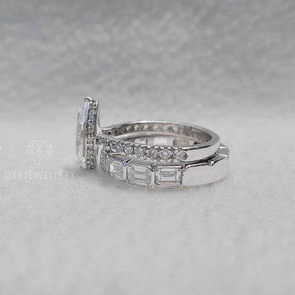 Marquise Cut Moisanite Hidden Halo Ring With East West Emerald Cut Band