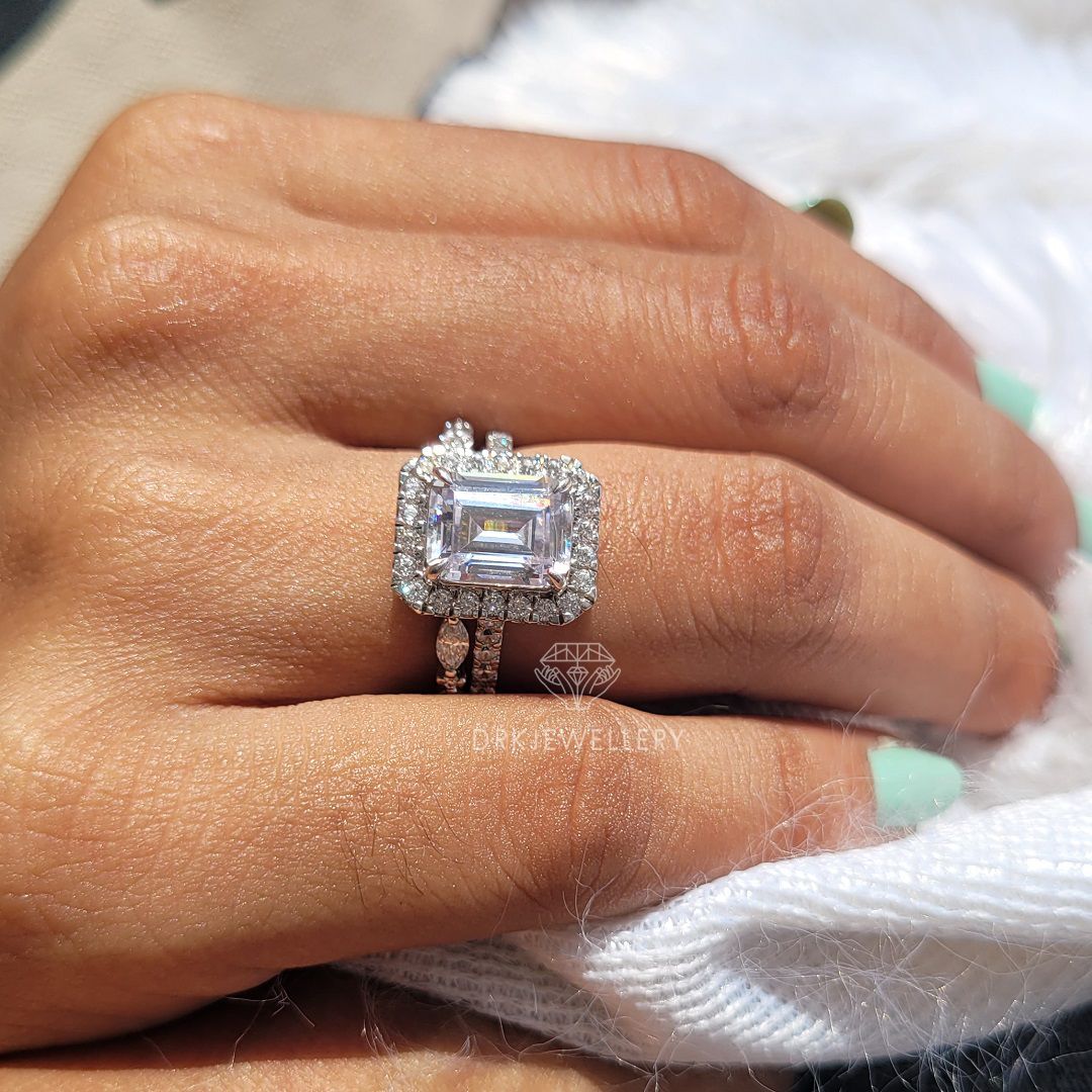 Emerald Cut Moissanite Halo RIng With Pave Set Eternity Band