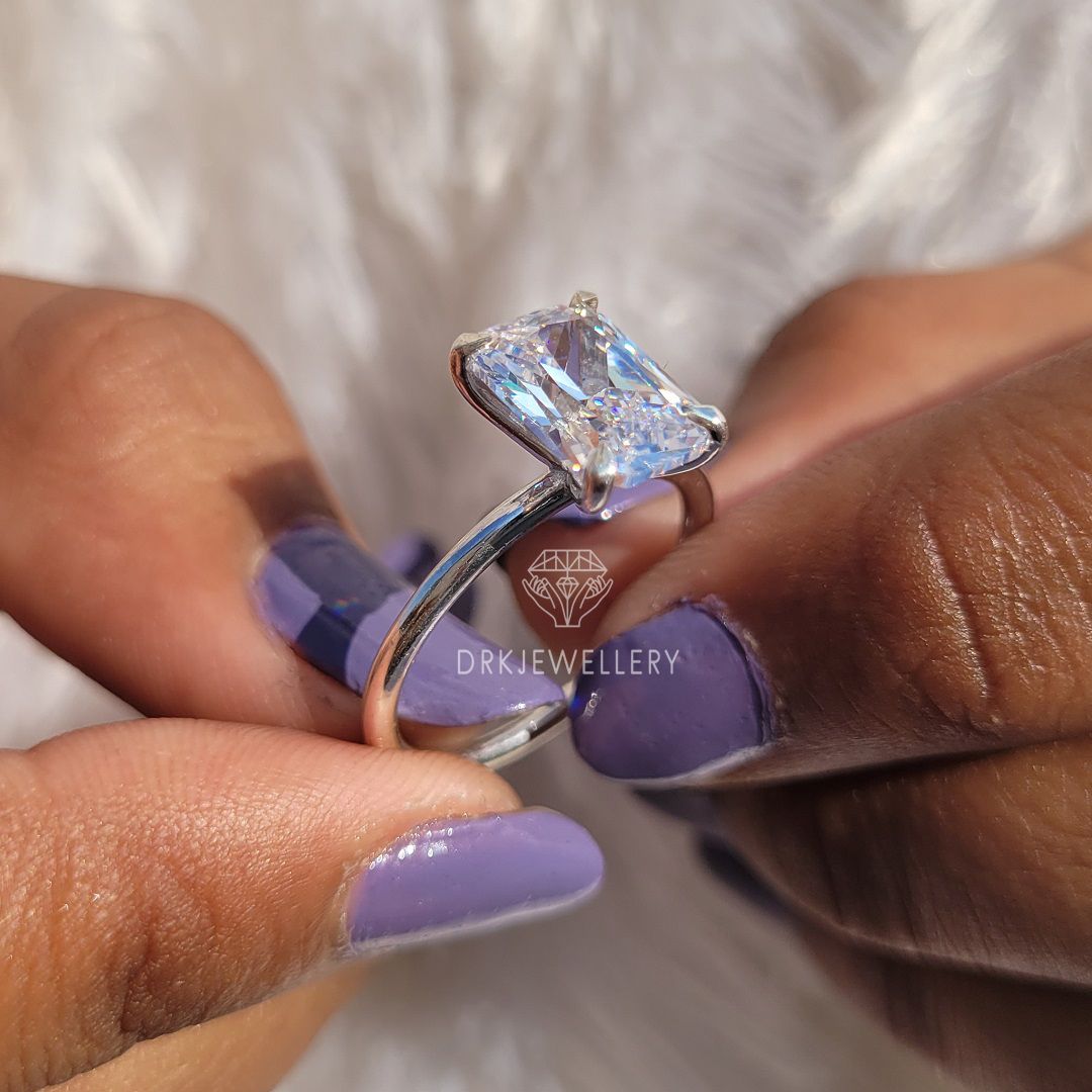 elongated radiant cut ring,moissanite ring,lab diamond ring,lab grown diamond ring,rings,gifts,gift ideas,solitaire ring,statement ring,promise ring,propose ring,white gold ring