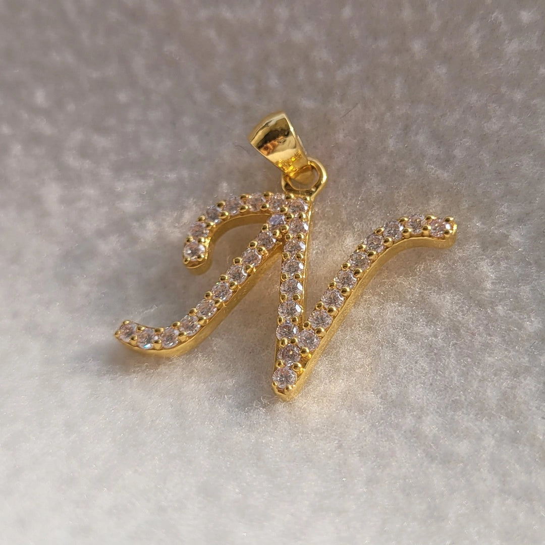 Initial "N" Letter Round Lab Grown Diamond Gold Pendant