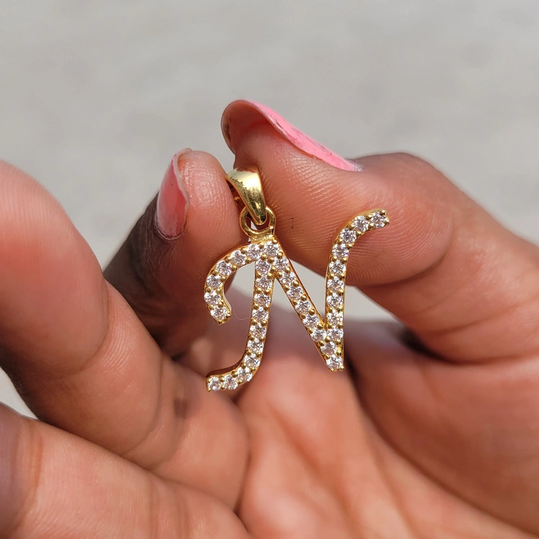 Initial "N" Letter Round Lab Grown Diamond Gold Pendant