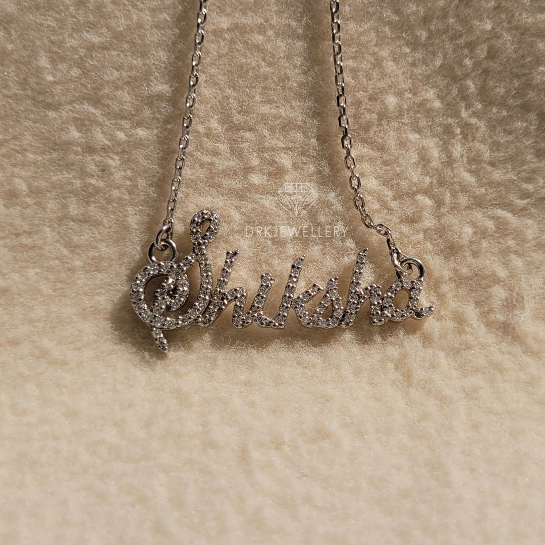 shiksha name pendant, round cut lab grown diamond pave setting wedding gold pendant with chain