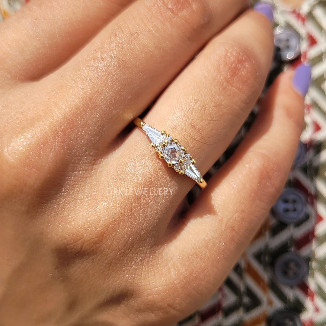 hexagon and kite cut lab grown diamond three stone Solitaire 14k Gold Yellow gold engagement ring