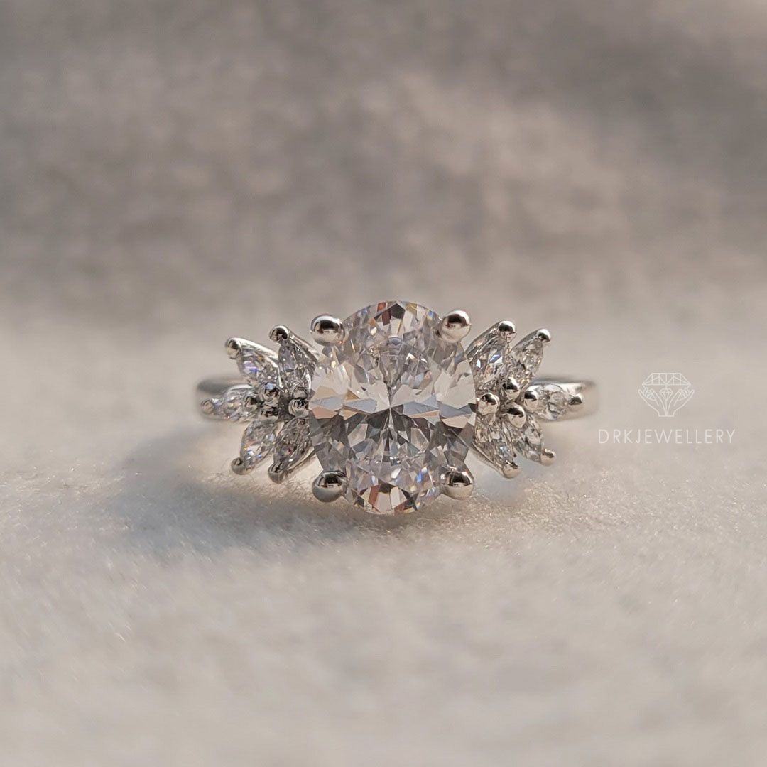 Oval cut ring-cluster ring-diamond ring-hard prong set ring-gifts for her-white gold ring-marquise cut ring-gifts for her-anniversary gifts-wedding ring