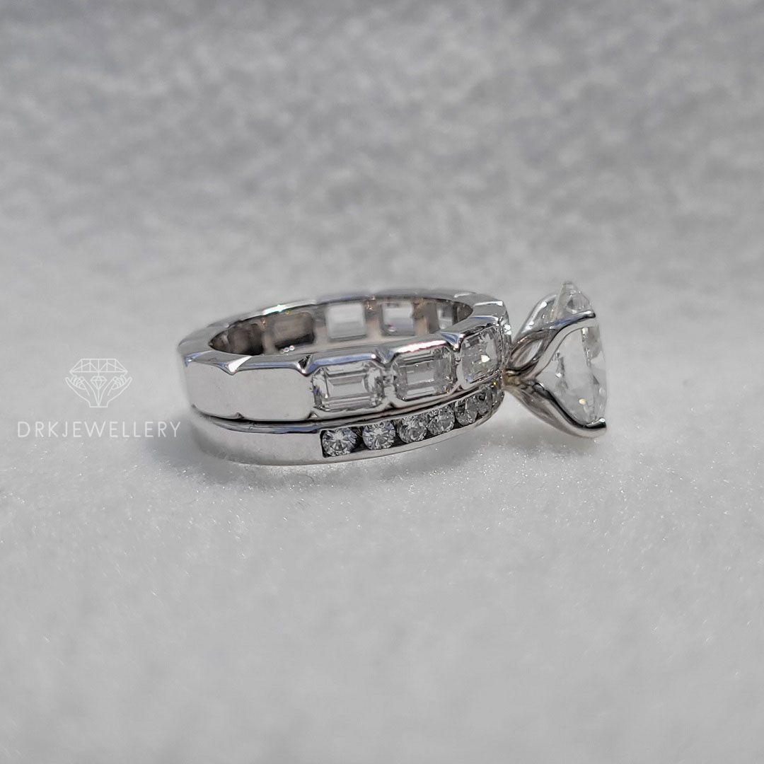 Oval Cut Moissanite Ring With Bezel East West Set Emerald Cut Bridal Set