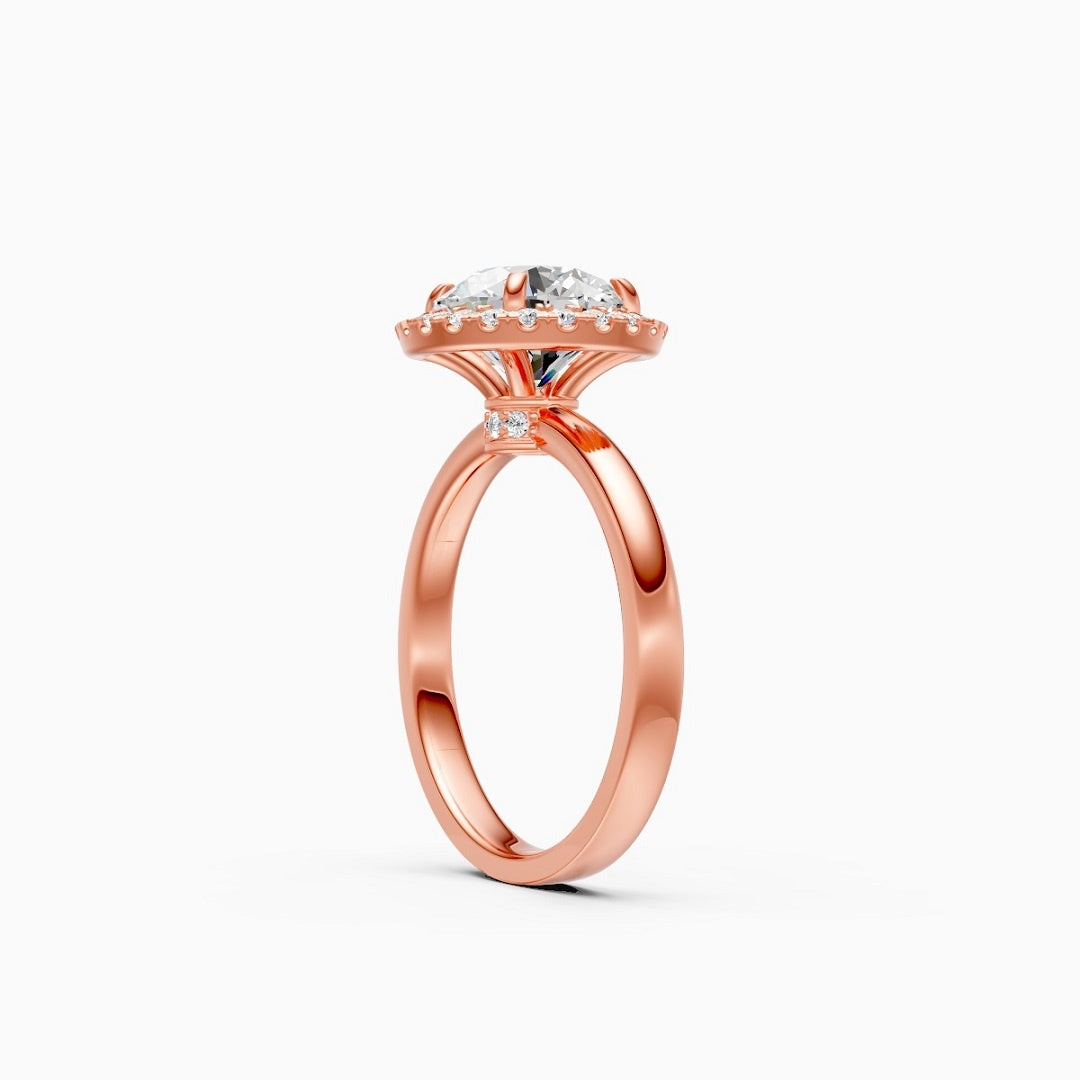 halo diamond ring, round cut ring, rose gold ring, solitaire ring, diamond ring, matching rings