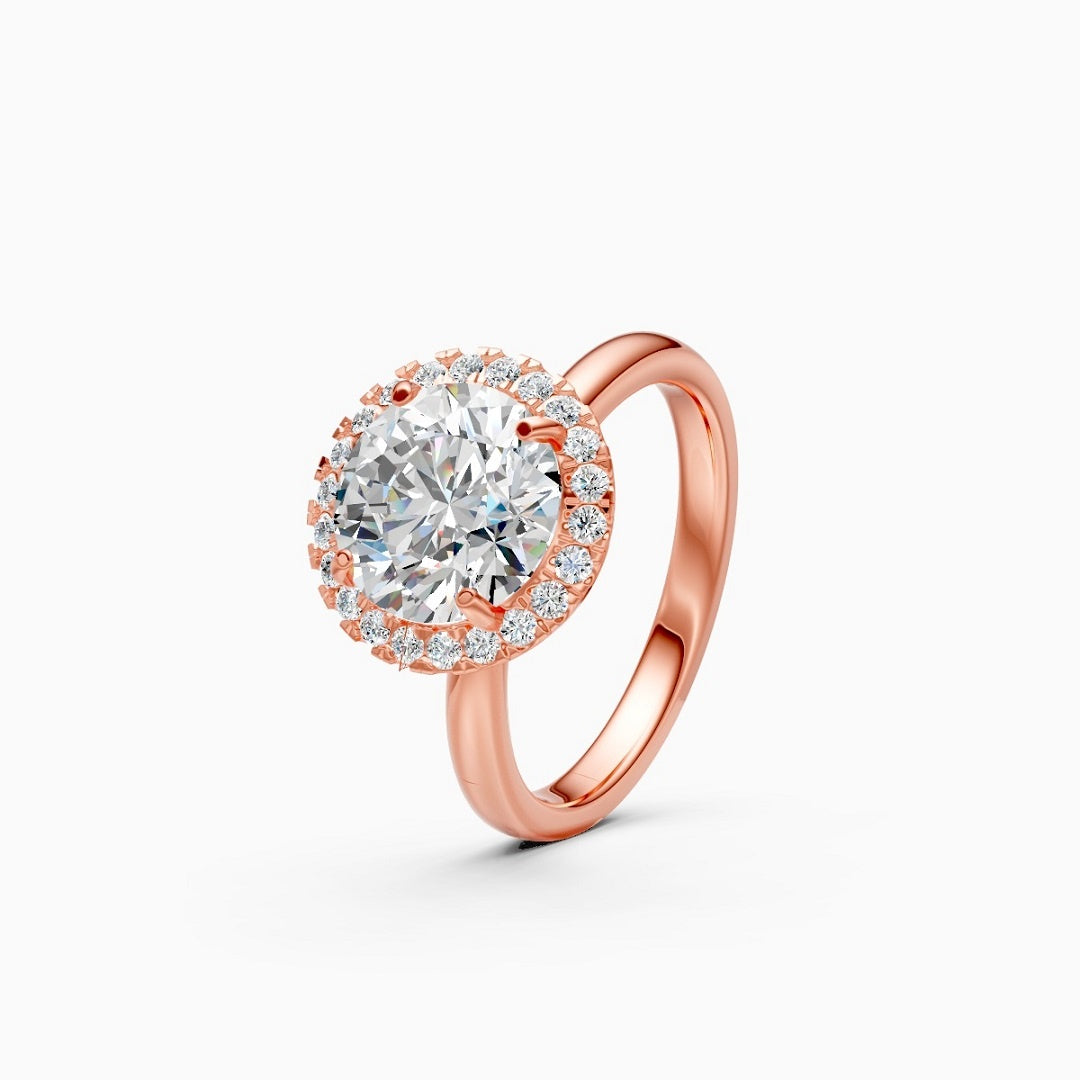 halo diamond ring, round cut ring, rose gold ring, solitaire ring, diamond ring, matching rings