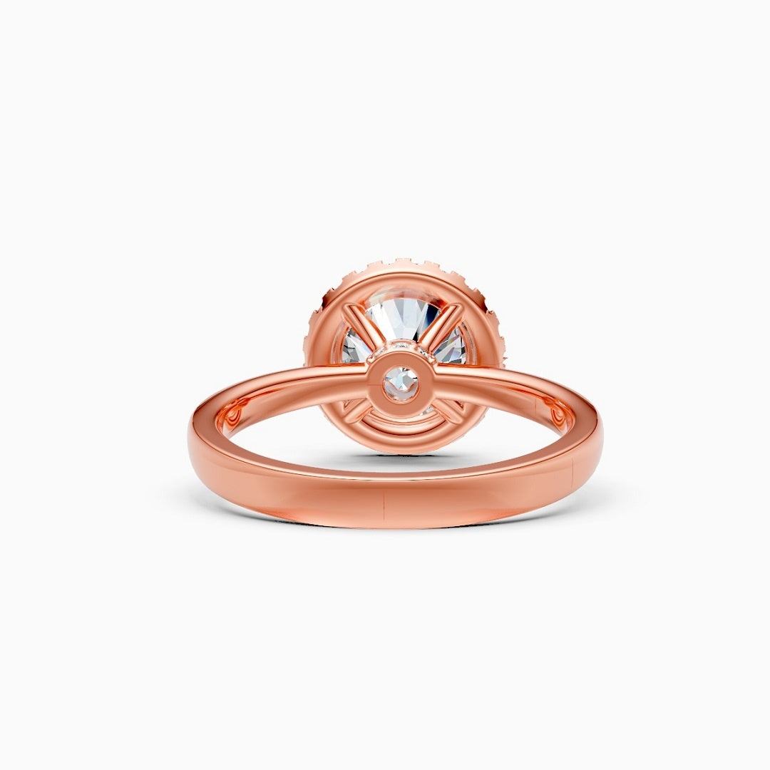 halo diamond ring, round cut ring, rose gold ring, solitaire ring, diamond ring, matching rings
