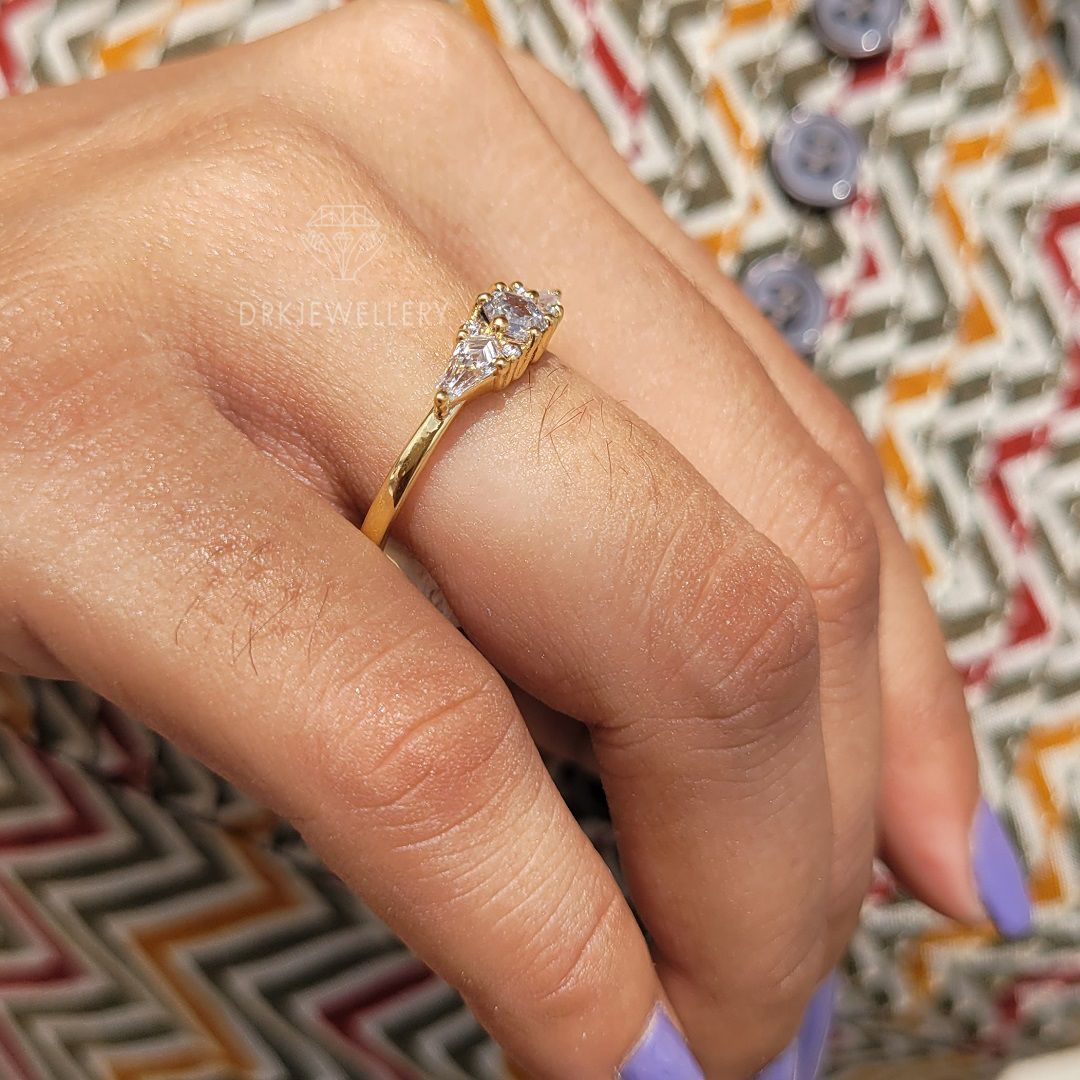 hexagon and kite cut lab grown diamond three stone Solitaire 14k Gold Yellow gold engagement ring