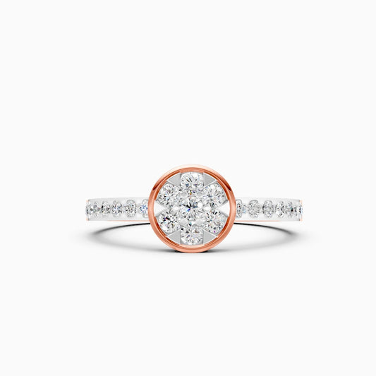 cluster bezel set round cut lab grown diamond two tone pave set engagement ring