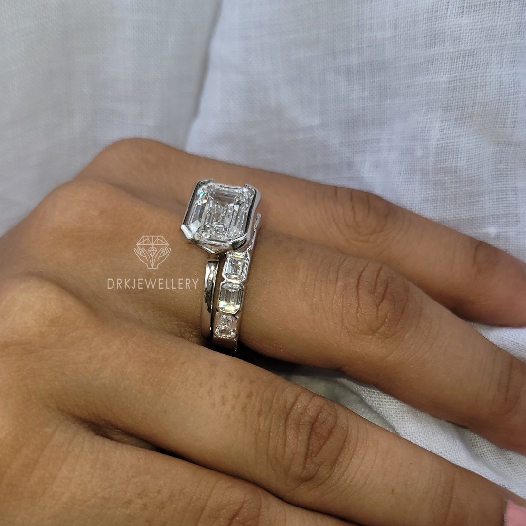 East West Emerald cut Moissanite Bridal Ring Set