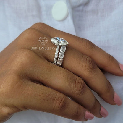 Marquise Cut Moisanite Hidden Halo Ring With East West Emerald Cut Band