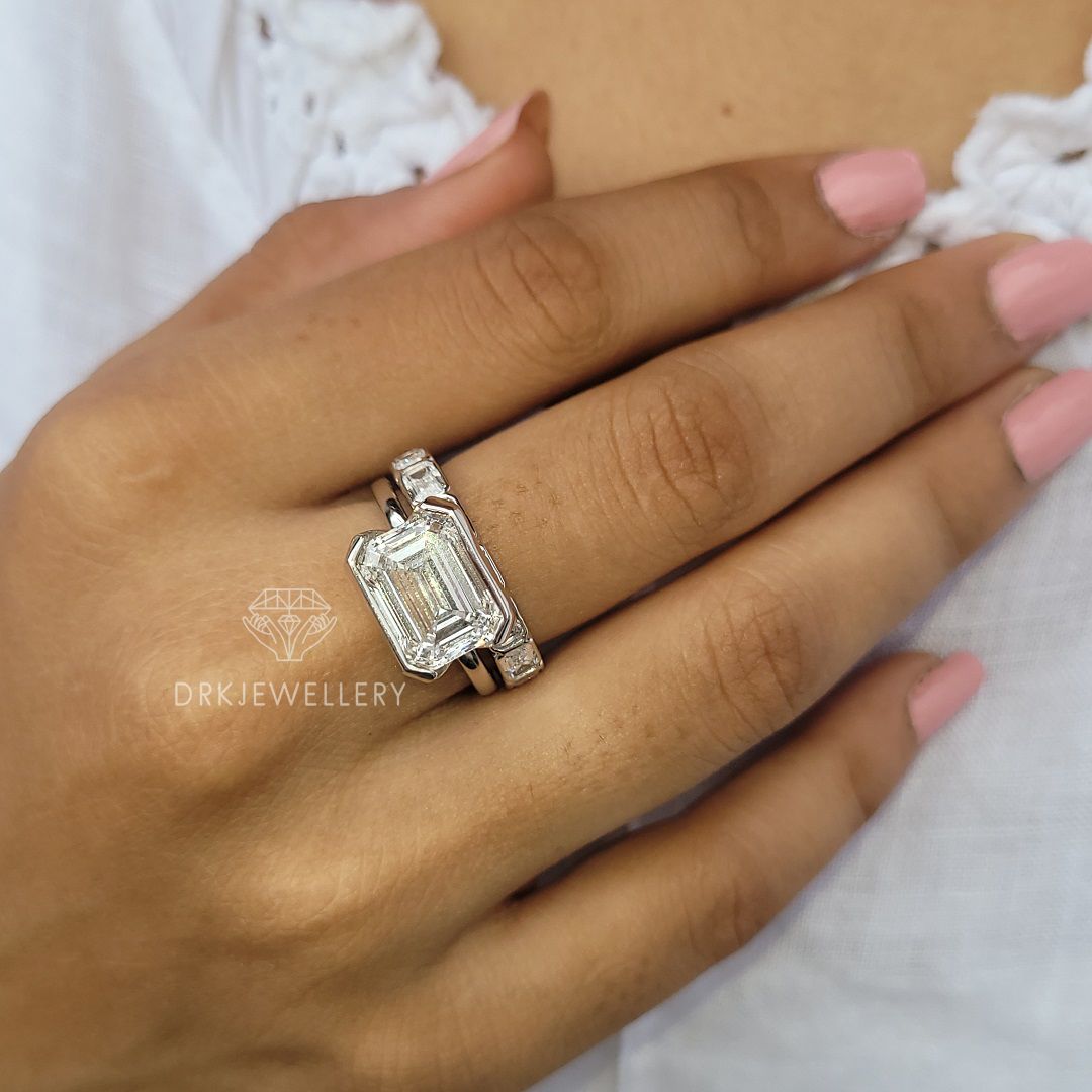 East West Emerald cut Moissanite Bridal Ring Set