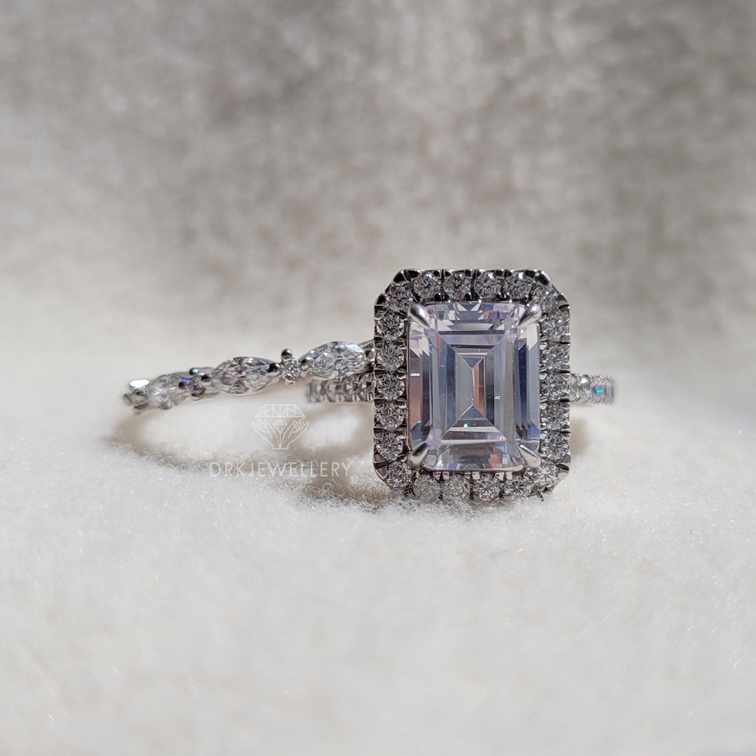 Emerald Cut Moissanite Halo RIng With Pave Set Eternity Band