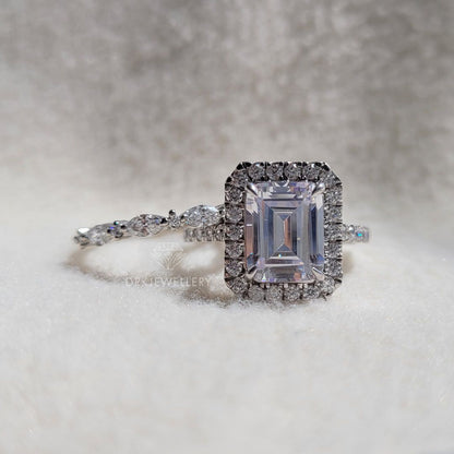 Emerald Cut Moissanite Halo RIng With Pave Set Eternity Band