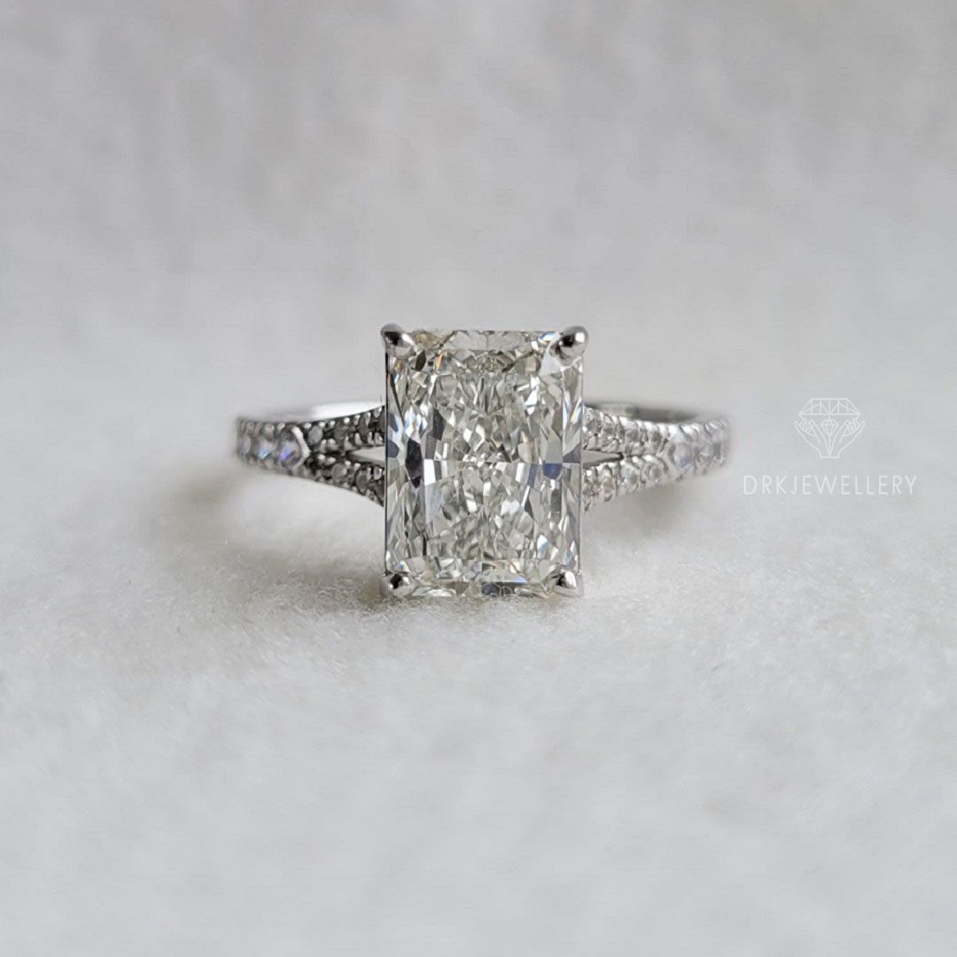 crystle radiant cut ring, moissanite ring,lab grown diamond ring,split shank style ring, pave set ring,white gold ring