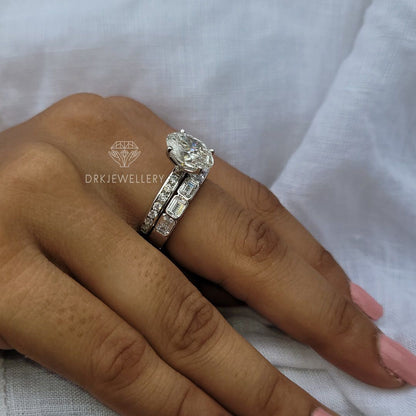 Oval Cut Moissanite Ring With Bezel East West Set Emerald Cut Bridal Set