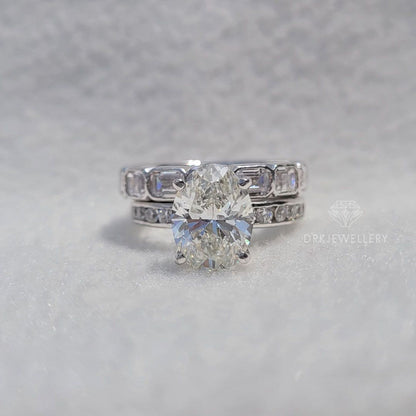 Oval Cut Moissanite Ring With Bezel East West Set Emerald Cut Bridal Set