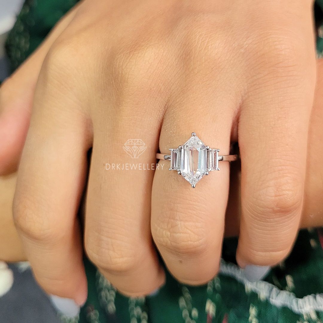 Hexagon cut ring, baguette cut ring, three stone ring, stylist ring, solitaire ring, unique ring, gifts