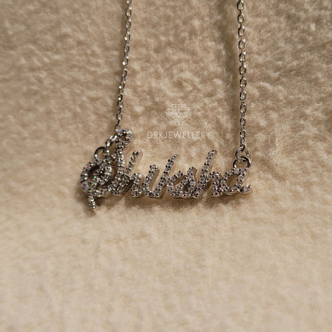 shiksha name pendant, round cut lab grown diamond pave setting wedding gold pendant with chain